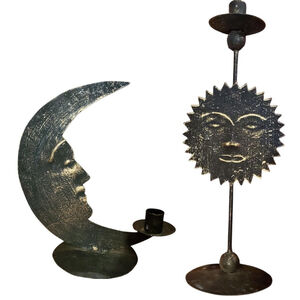 Vintage 90s metal celestial moon and sun candle holders